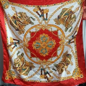 Vintage Le Duc Paris Red Gold Scarf Horse Saddle print Baroque Design 100%silk